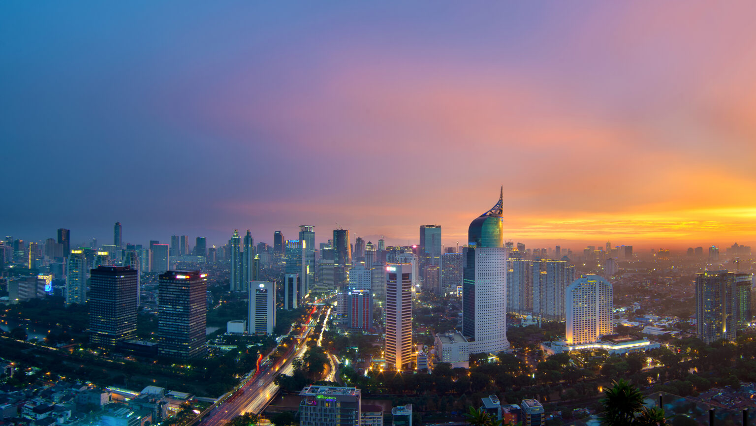 The skyline of Jakarta, Indonesia's capital city, is dominated by skyscrapers, with the tallest one being the 62-story Gama Tower.