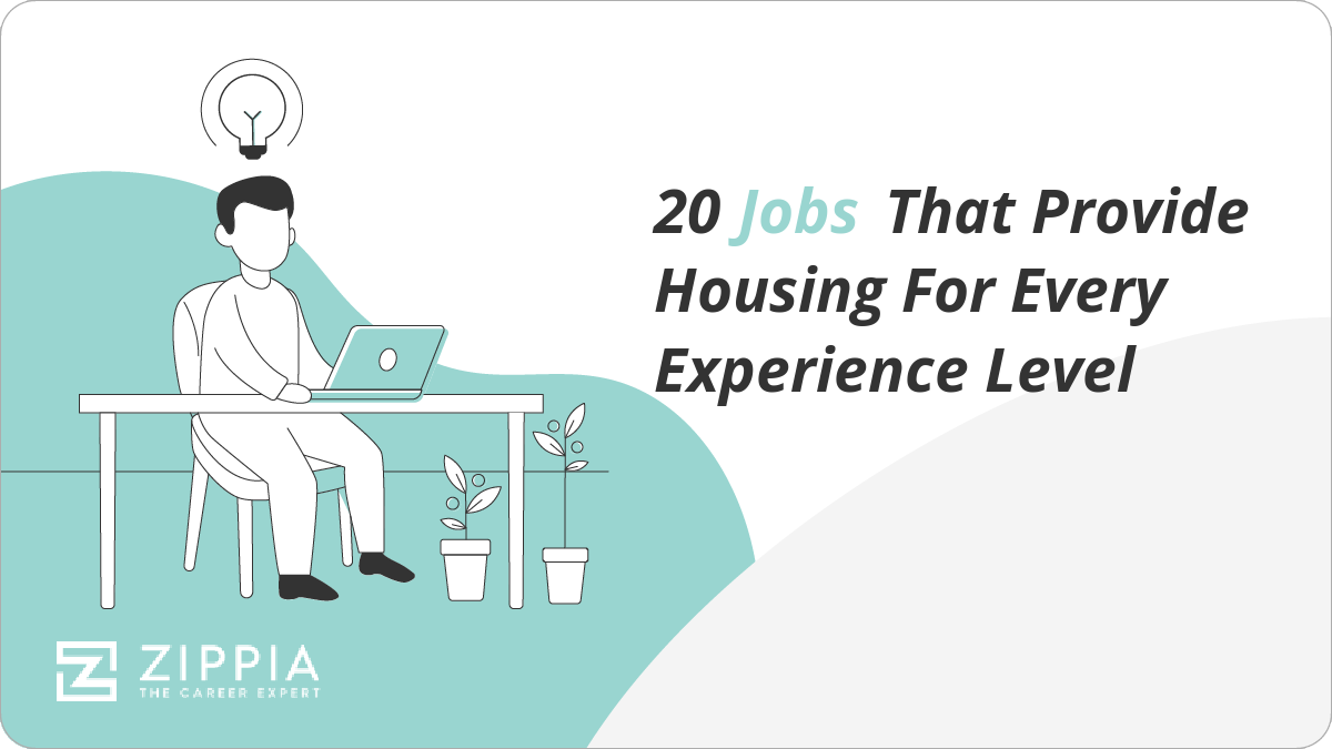 A person is sitting at a desk working on a laptop with the text '20 Jobs That Provide Housing For Every Experience Level' overlaying the image.